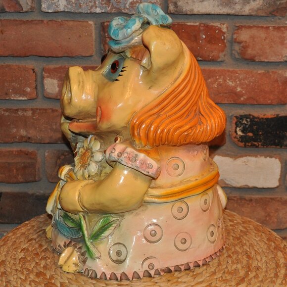 Jumbo 14" Vintage 70 Large Hand Painted Dress Pig Piggy Bank Ceramic Chalk ware - Picture 2 of 13